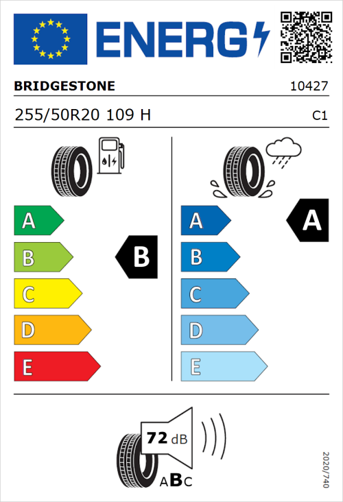 Tyre Label for Bridgestone Alenza 001 255/50R20 109H