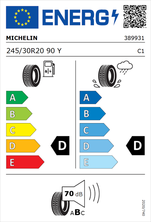 Tyre Label for Michelin Pilot Sport Cup 2 245/30R20 90Y