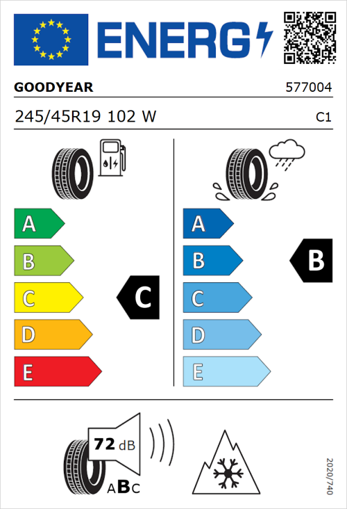 Tyre Label for Goodyear Vector 4Seasons Gen 3 SUV 245/45R19 102W
