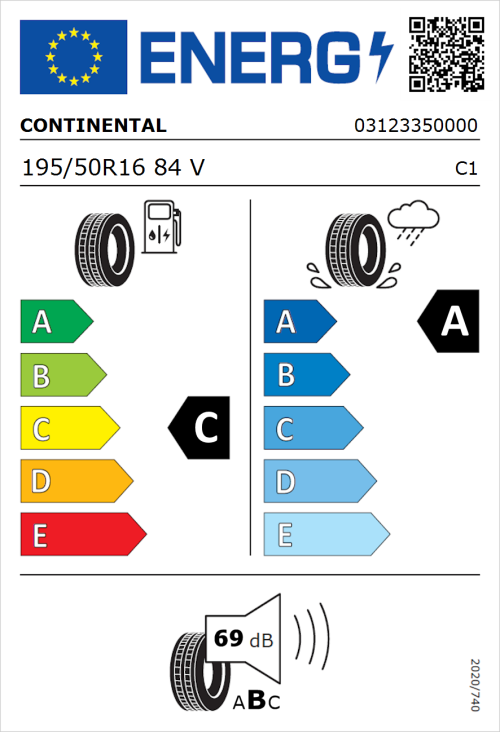Tyre Label for Continental UltraContact 195/50R16 84V