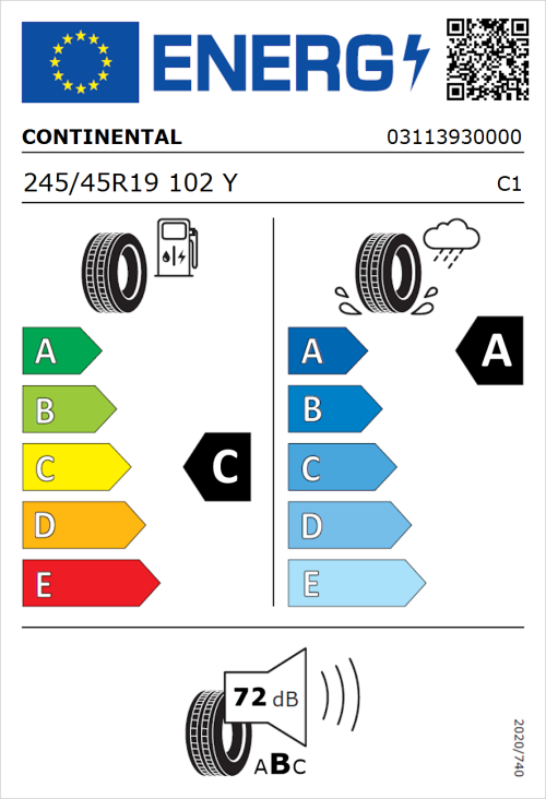 Tyre Label for Continental SportContact 7 245/45R19 102Y