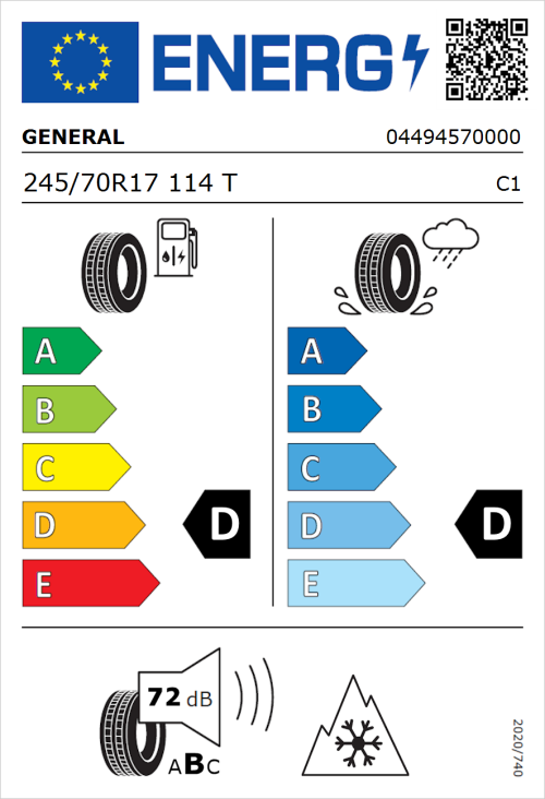 Tyre Label for General Grabber AT 3 245/70R17 114T
