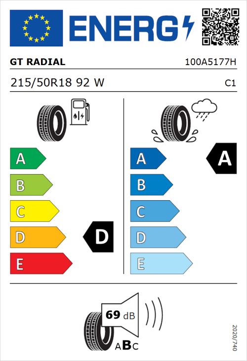 Tyre Label for GT Radial FE2 215/50R18 92W