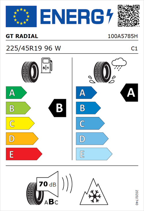 Tyre Label for GT Radial Climate Active 225/45R19 96W