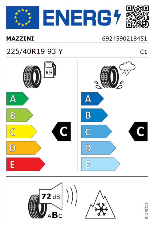Tyre Label for Mazzini Versat-AS8 225/40R19 93Y