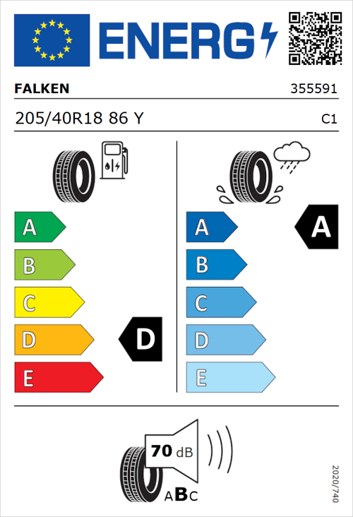 Tyre Label for Falken Azenis FK520 205/40R18 86Y