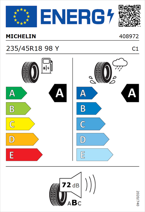 Tyre Label for Michelin Primacy 5 Energy 235/45R18 98Y