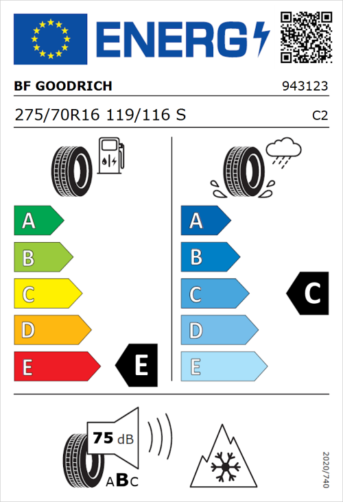 Tyre Label for BF Goodrich All-Terrain T/A KO3 275/70R16 119/116S