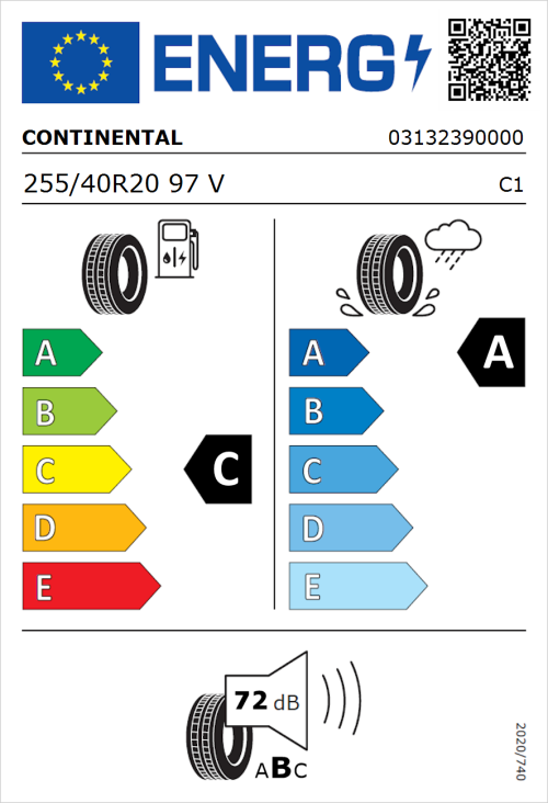 Tyre Label for Continental EcoContact 6Q 255/40R20 97V