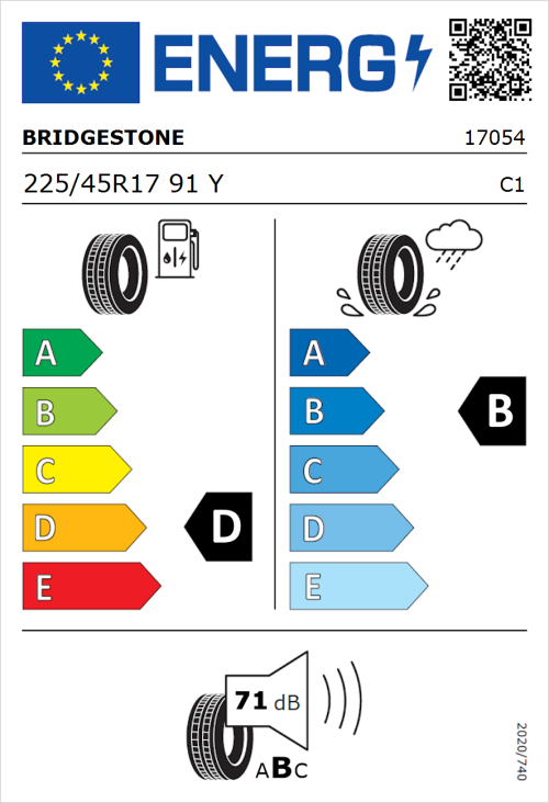 Tyre Label for Bridgestone Potenza RE050A 225/45R17 91Y