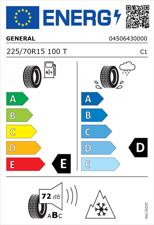 Tyre Label for General Grabber AT 3 225/70R15 100T