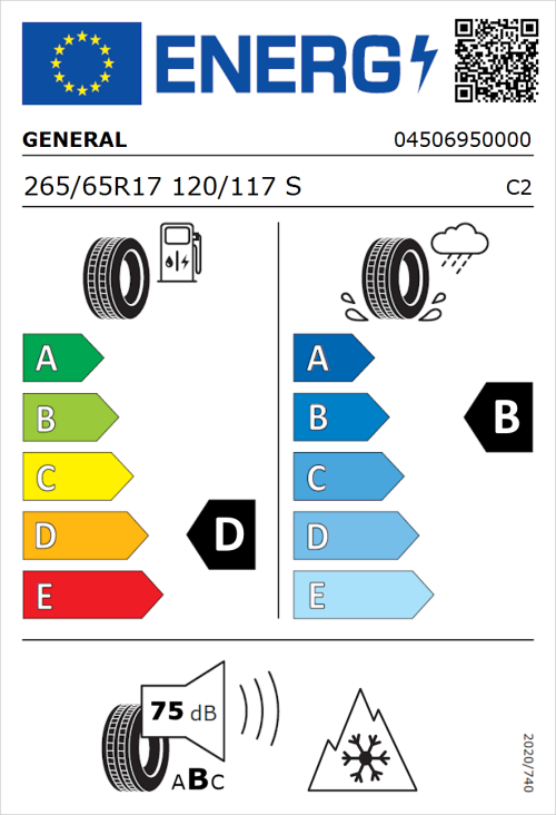 Tyre Label for General Grabber AT 3 265/65R17 120/117S