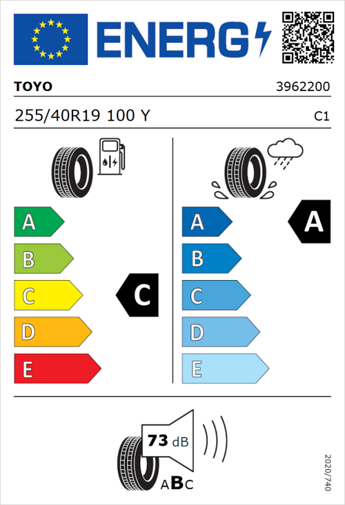 Tyre Label for Toyo Proxes Sport 255/40R19 100Y
